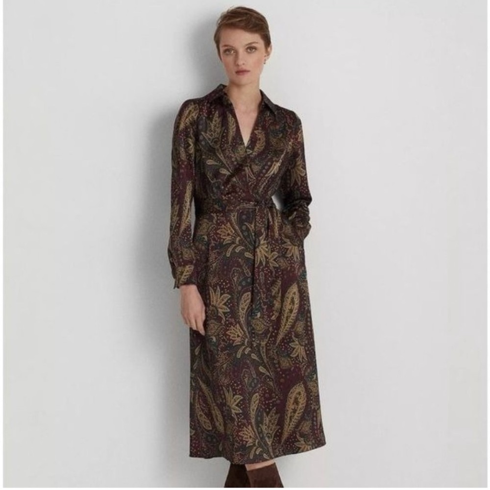 NWT Lauren Ralph Lauren Brown Paisley Long Sleeve Dress Size 14
